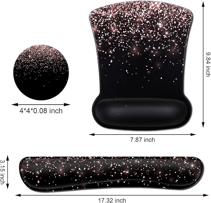 Ergonomic Gel Mouse Pad with Wrist Support Memory Foam Keyboard Wrist Rest Non-Slip PU Base for Home Office Working Studying Easy Typing &amp Pain Relief Rose Gold Glitter Black Mousepad