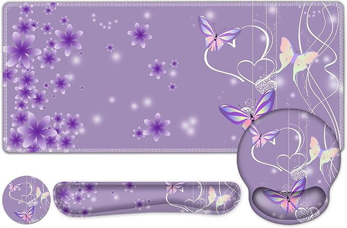 Purple Butterflies Florals Mouse Pad XXL Large Desk Mat Extended Reading Desk pad 4PCS Non-Slip Rubber Base Computer Big Mousepads for Work Game Office Home Decor Girls Woemn Gifts Accessories