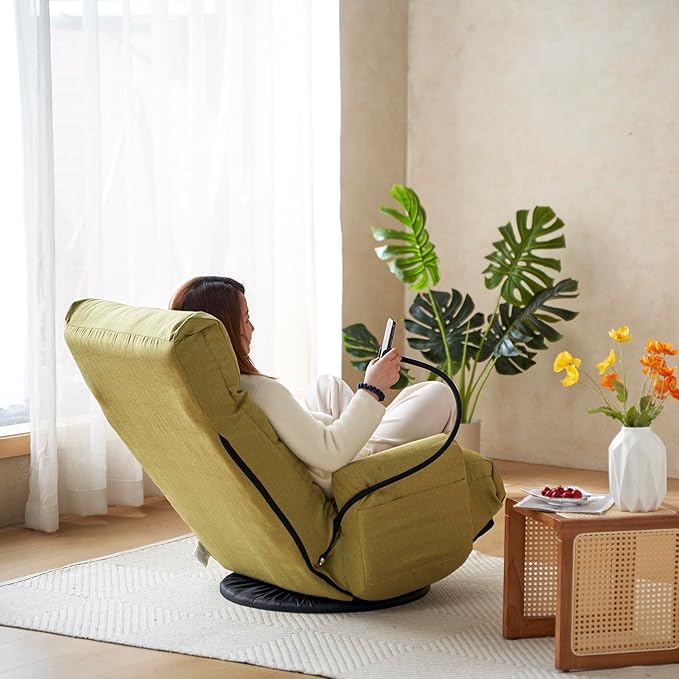 Yoglad Japanese Style Chaise Lounge Sofa with Phone Holder 360-Degree Swivel Chair Floor Gaming Chair Lazy Sofa for Reading Game Meditating 3 Adjustable Positions (Linen Lime Green)