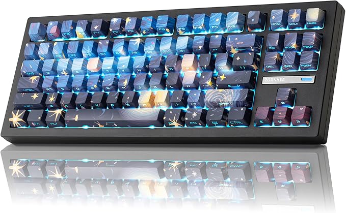 ZORNHER ZH870 Wireless Mechanical Gaming Keyboard80% Blue Custom Creamy Sound Keyboard with Starry Night Dye Sublimation PBT KeycapsPre-lubed Linear SwitchesHot-SwappableRGB Backlit