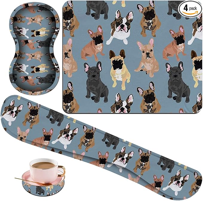 Keyboard Wrist Rest Pad + Square Mouse Pad + Wrist Rest Support Pad + Coaster Ergonomic Memory Wrist Rest Support 4-Piece Combo Set for Gaming and Office French Bulldogs