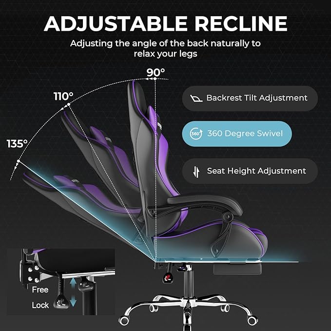 GTPLAYER Gaming Chair Computer Chair with Footrest and Lumbar Support Height Adjustable Game Chair with 360°-Swivel Seat and Headrest and for Office or Gaming (Faux Leather Purple)