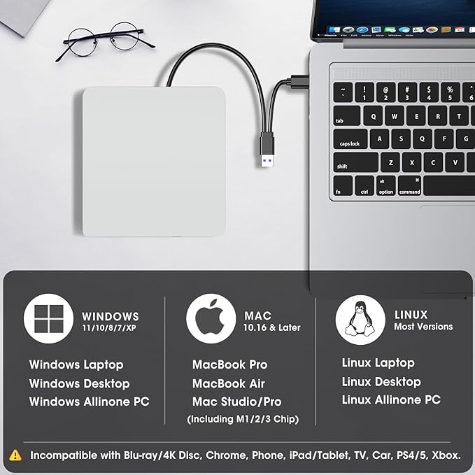 ROOFULL External CD DVD Drive for Mac Laptop USB 3.0 &amp USB-C Portable CD Reader Writer Burner DVD Player ROM+/-RW Disc Drive with Carrying Case for Apple MacBook Windows 11 PC Computer White