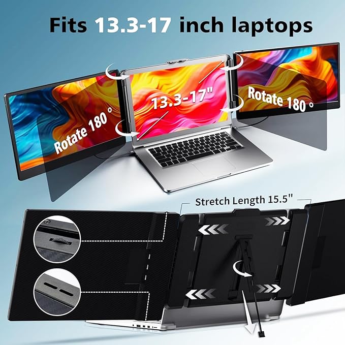 ROYY Laptop Screen Extender Double Monitor - 14 1080P Portable Monitor FHD Attachment Extra Screen Compatible with Windows Mac Dex Chrome Travel Work Fits 13-17 Laptops