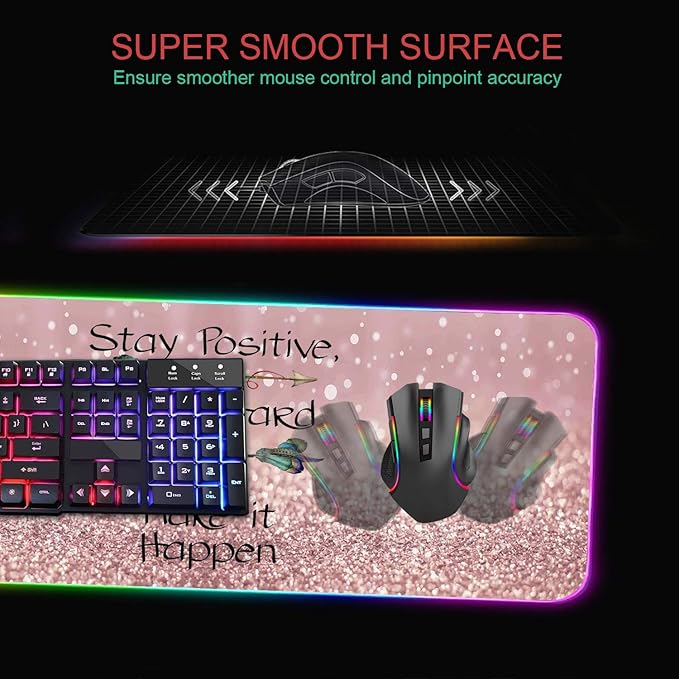 RGB Gaming Mouse Pad with Coffee Coaster XXL Large Glowing LED Mousepad Anti-Slip Rubber Base Computer Keyboard Mouse Mat - Inspirational Quote Stay Positive Work Hard and Make It Happen