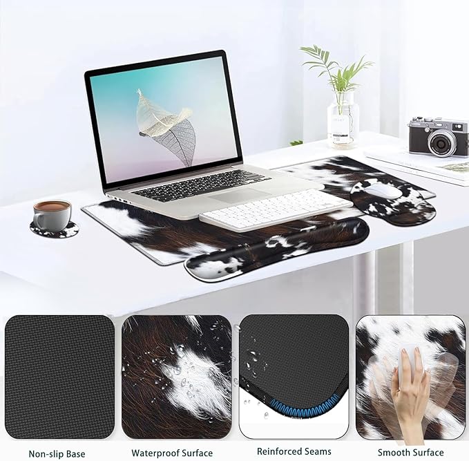 Large Mouse Pad Ergonomic Mouse Pad with Wrist Rest and Keyboard Wrist Rest 4 in 1 Set 31.5 x11.8 inch Extended Desk Pad for Home Office Cute Funy Faux Black Brown Cowhide Fur XXL Gaming Mouse Mat