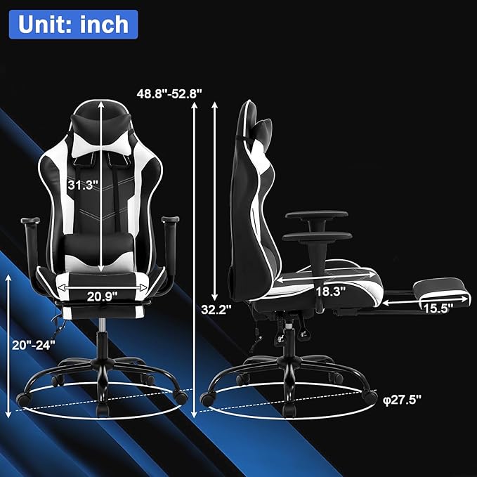 Gaming Chair with Massage &amp Footrest - Ergonomic Racing Office Chair for Adults Women Gamers - Adjustable Reclining PC Gaming and Home Office Desk Chair with Lumbar Support White