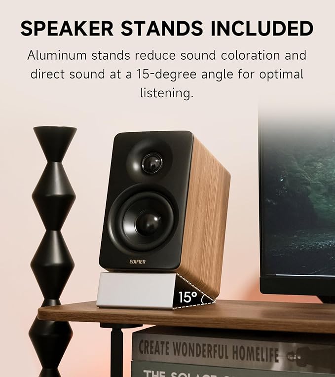 Edifier M60 Multimedia Speaker Bluetooth 5.3 66W RMS Hi-Res Audio &amp Hi-Res Wireless Audio LDAC3 Mid Bass &amp 1 Tweeter USB-C &amp Aux Inputs Compact Desktop Speaker – Classic Oak (Renew