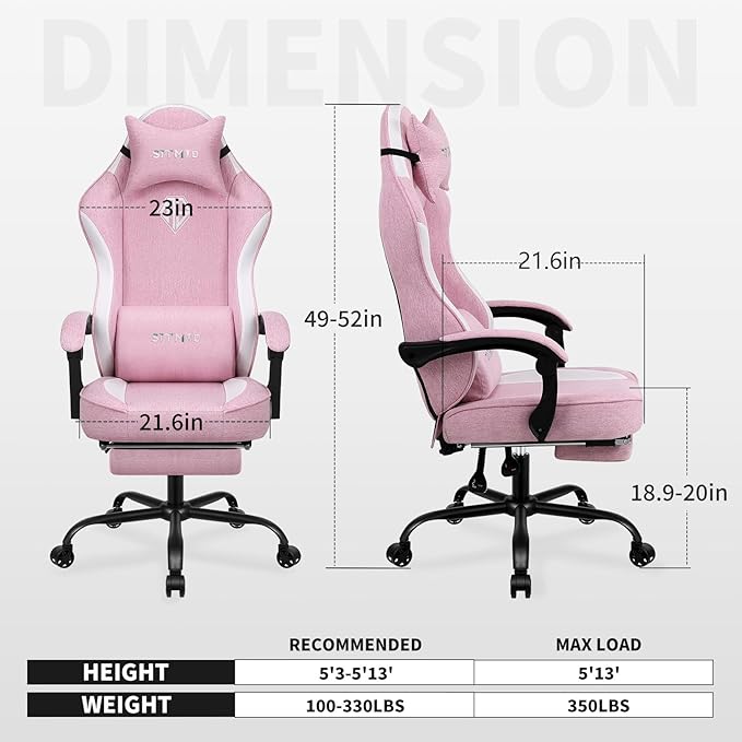 Gaming Chair Video Gaming Chairs for Adults Fabric Comfortable Computer Chair with Footrest Pocket Spring Cushion High Back Ergonomic Gamer Chair with 360° Swivel Seat for Office (Pink)