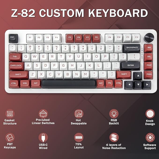 E-YOOSO 75% Wired Mechanical Gaming Keyboard Creamy Sound Hot Swappable Pre-lubed Linear Switches Gasket Structure Knob Control RGB Backlit Compact Custom for PC White/Red