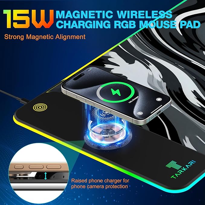 TARKARI Magnetic Wireless Charging RGB Mouse Pad Large Gaming Desk Mat Waterproof 31.5x11.8 Black Mousepad Ultra-Smooth Surface Non-Slip Rubber Base Desk Pad for Keyboard Laptop