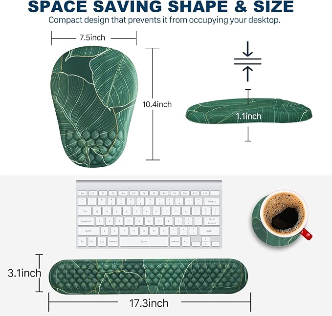 Ergonomic Mouse Pad and Keyboard Wrist Rest with Massage Design Space-Saving Mouse Pad Wrist Support Memory Foam Wrist Rest with Non-Slip PU Base for Computer Desk Green Leaves