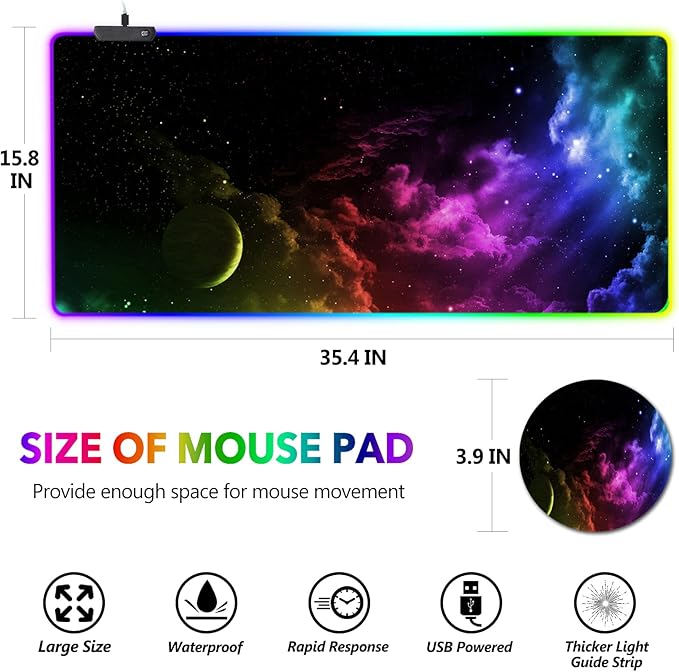 AIMSA Large RGB Gaming Mouse Pad Keyboard Mousepad Led Extended 35.4 x 15.8 inch Non-Slip Rubber Base with 14 Lighting Modes Big Desk Mat Waterproof Nebula Universe