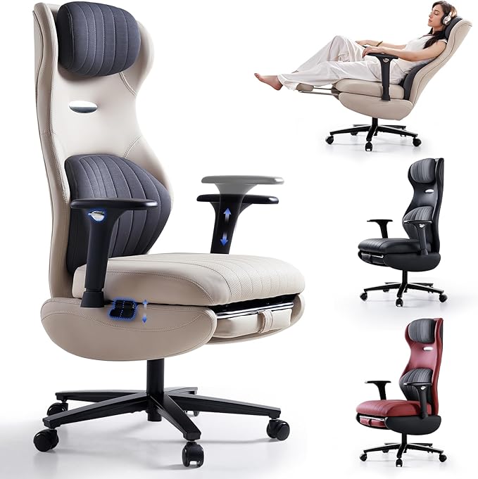 EMIAH Ergonomic Office Chair with Foot Rest Reclining Office Chair with Adjustable Arms and Headrest High Back Gaming Chair with Lumbar Support PU Leather(Beige)