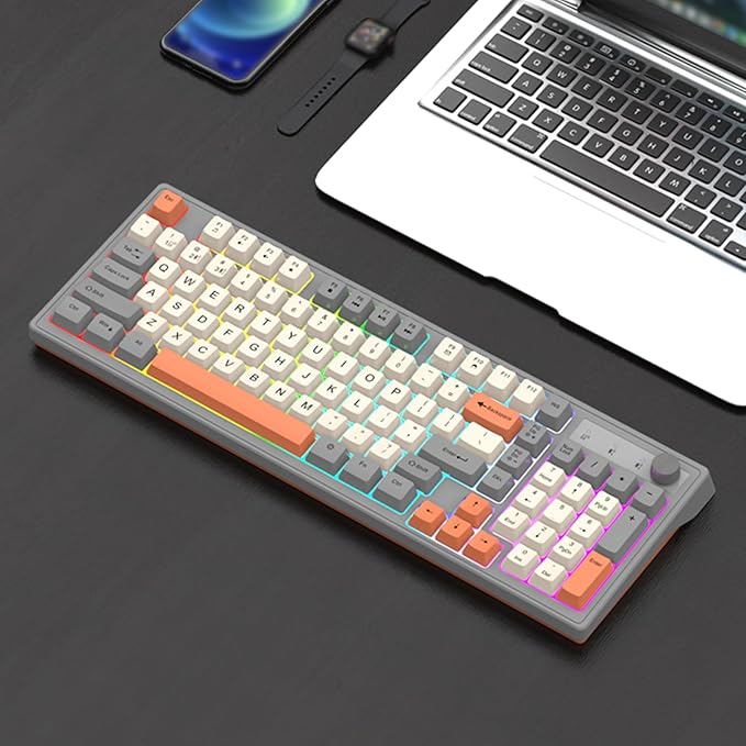 Docooler Gaming Keyboard Dual-Mode BT/2..4GHz Mechanical Keyboard with Backlit Rechargeable Keyboard 98 Keys Wireless Keyboard with Volume Control Knob for Computer Laptop PC - Gray/Blue/Shimmer