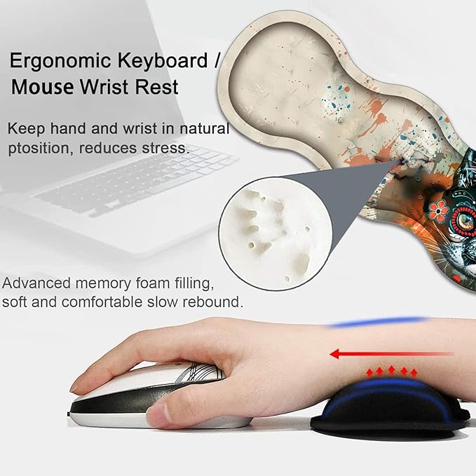 Large Gaming Mouse Pad Keyboard Wrist Rest Pad + Mouse Wrist Pad + Coaster 4 in 1 Set Extended Waterproof Non-Slip Desk Mat Suitable for Office Home Learning Games Artistic Cat Face