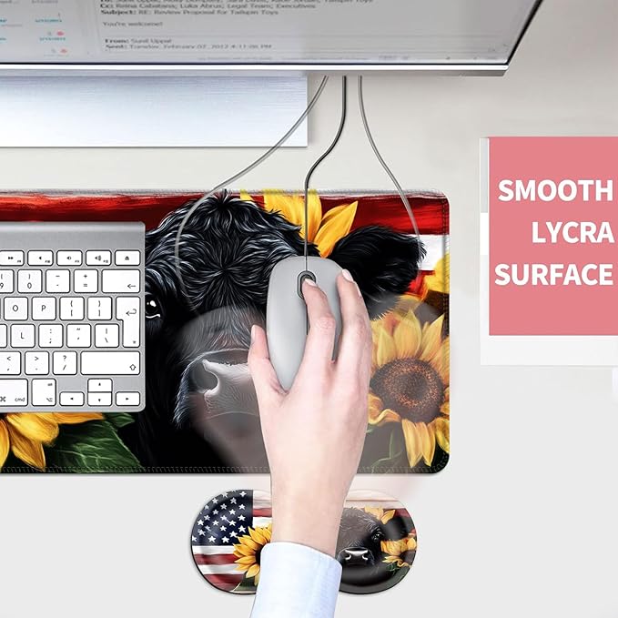 Mouse PadLarge Desk Mat Set 4in1 XL Mousepad + Keyboard Wrist Rest+Mouse Wrist Rest+Coaster with Ergonomic Desk Pad for Home Office Table Computer Cover -American Flag Black Cow
