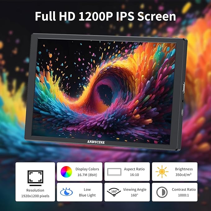 ANDYCINE N10 Portable Monitor 10.1 Inch Mini Touch 1920x1200 IPS Screen HDMI USB C in 350nits 60Hz 1000:1 Contrast Display with Bracket &amp Speakers for LaptopPCPS4/5SwitchMacXbox