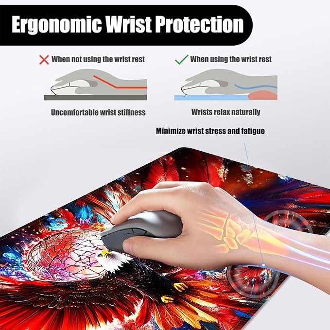 Mouse PadLarge Desk Mat Set 4in1 XL Mousepad + Keyboard Wrist Rest+Mouse Wrist Rest+Coaster with Ergonomic Desk Pad for Home Office Table Computer Cover -Eagle and Dreamcatcher