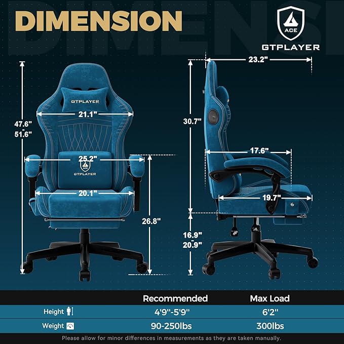 GTPLAYER ACE-PRO Music Gaming Chairs – Built-in Speakers App Support &amp Bluetooth Control Computer Game Chairs with Footrest for Adults Ergonomic Reclining Silla Linkage Armrest Blue 【Velvet】