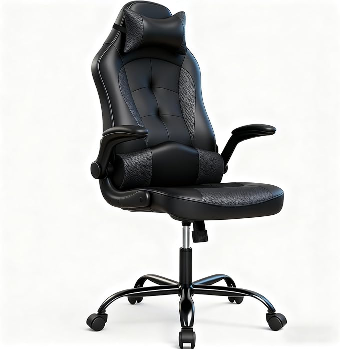 Gaming Desk Chair PC Gaming Chair Gamer Chair Comftorable Ergonomic PU Leather Computer Office Chair with Lumbar Support Flip Up Arms High Back Executive Gaming Stuff for Girl Kids Adults (Grey)