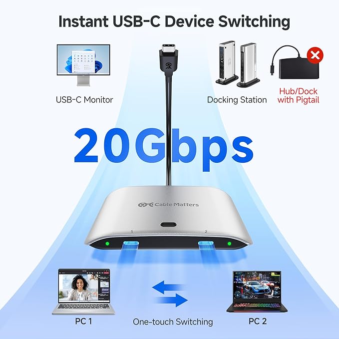 Cable Matters 20Gbps USB C Switch for 2 Computers Up to 8K@30Hz on Windows 4K@60Hz on macOS 140W PD for Sharing a USB-C/Thunderbolt 4 Monitor or Dock (Not for Dock with an Attached Cable)