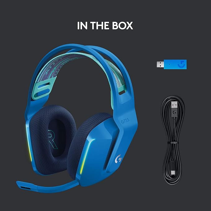 Logitech G733 Lightspeed Wireless Gaming Headset with Suspension Headband LIGHTSYNC RGB Blue VO!CE mic Technology and PRO-G Audio Drivers - Blue