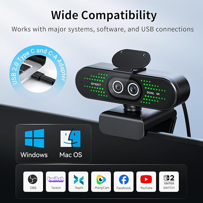 EMEET NOVA 4K Dual-Camera 4K Webcam for PC Wide-Angle and Telephoto Cameras Max 11X Hybrid Zoom PDAF Focus Remote Control RGB Lights Webcam with Microphone for Business or Personal Online Calls