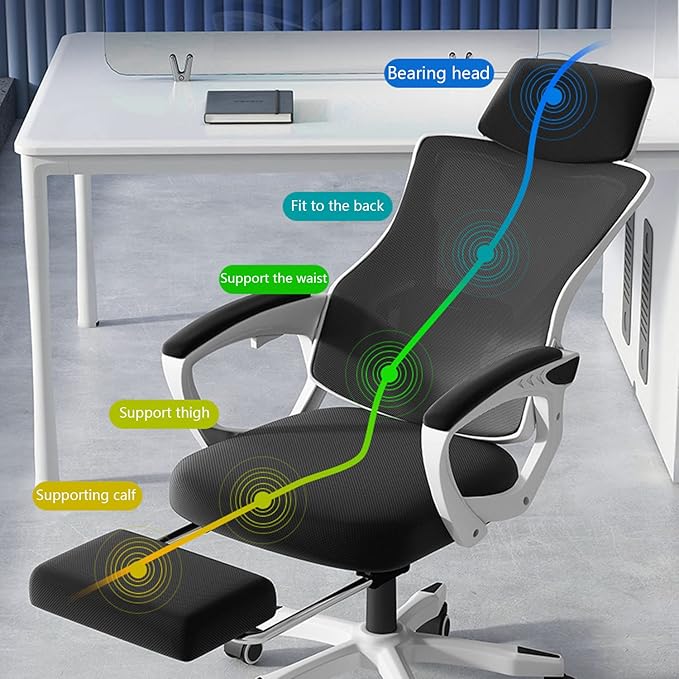 Ergonomic Gaming Chair Adjustable Height High Back Video Game Chair with Footrest and Lumbar Support for Adult Teen Home Bedroom Gaming White+Black