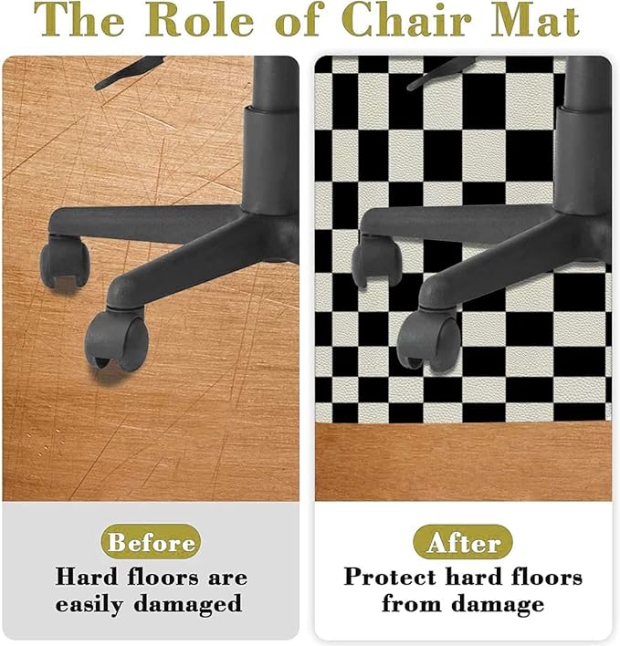 White Charcoal PU Leather Office Chair Mat for Hardwood Floor Checkers Game Geometric Grid Style Computer Chair Matfor Rolling ChairLarge Floor Protector Checkered Diameter 35.4 in