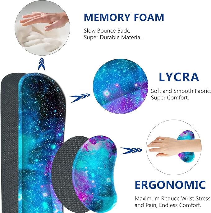 AIMSA Large Gaming Mouse Pad Set Keyboard Wrist Rest Support Mouse Pad Ergonomic Memory Foam Multifunctional Extended Desk Mat 35x15.7in Anti-Slip Rubber Base Galaxy Nebula Universe