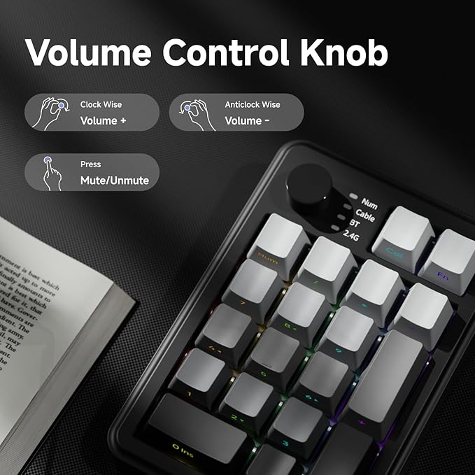 EWEADN NK20 Wireless Retro Mechanical Numpad with Knob Bluetooth/2.4GHz/USB-C Connect with RGB Backlight Hot Swappable Number Pad 20-Key Rechargeable External Num Pad for Win Mac Black Gray