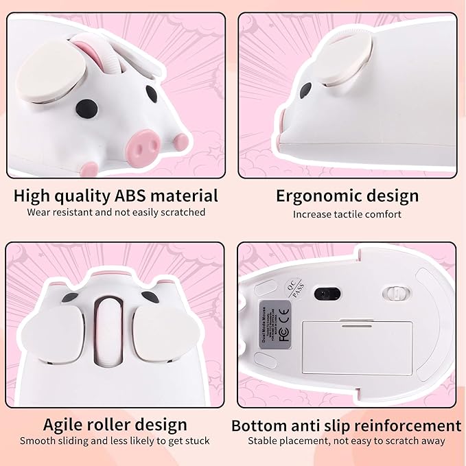 Wireless Bluetooth Mouse Cute Animal Pig Shape Dual Mode Kawaii Silent Portable Lightweight 3-Button 1200DPI Wireless Mouse Battery Powered Gift for Kids Boys Girls for PC Laptops Tablets (White)