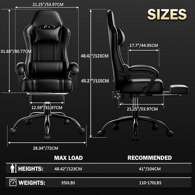Ergonomic Gaming Chair Video Game Chair with Pocket Spring Cushion and Footrest Height Adjustable Computer Chair with Swivel Seat and Headrest (Faux Leather Black)