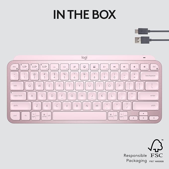 Logitech MX Keys Mini Minimalist Wireless Illuminated Keyboard Compact Bluetooth Backlit USB-C Compatible with Apple macOS iOS Windows Linux Android Metal Build - Rose