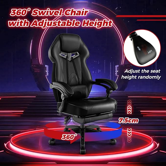 COSTWAY Gaming Chair Ergonomic Adjustable Racing Video Game Chair w/Retractable Footrest Padded Headrest &amp Lumbar Support High Back Reclining Home Office Computer Gamer Chair for Adults (Black)