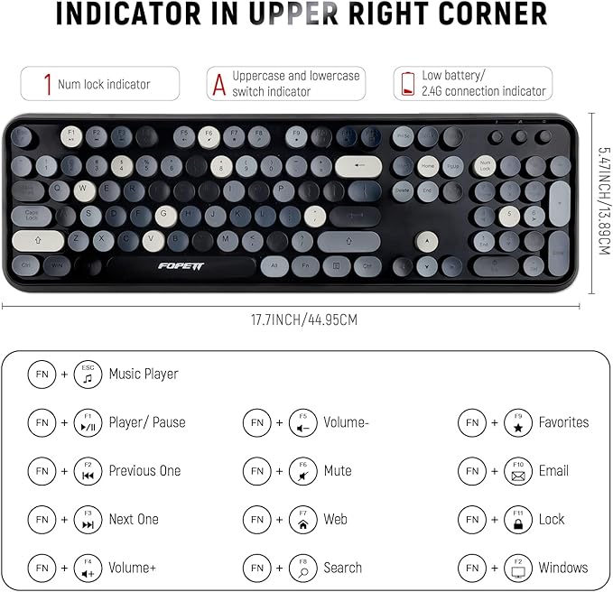 FOPETT Wireless Keyboard and Mouse Combo 104 Keys Full-Sized 2.4 GHz Round Keycap Colorful Keyboards USB Receiver Plug and Play for Windows Mac PC Laptop Desktop (Grey)
