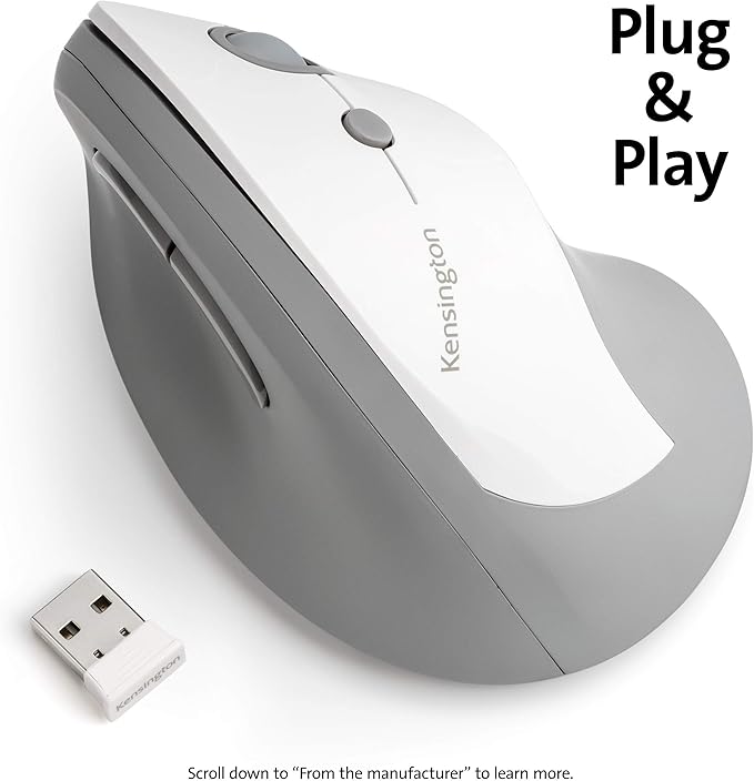 Kensington Pro Fit Ergo Vertical Wireless Mouse- Gray White