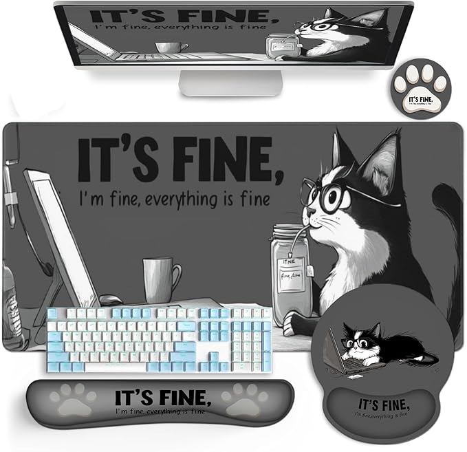 AQQA Funny Keyboard Mouse Pad SetXXL Mouse Mat+Keyboard Wrist Rest Support Cat Ergonomic Mouse Pad with Wrist Rest 4 Pcs Cute Office Desk Accessories35.4×15.7 in
