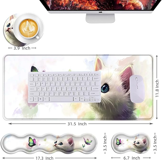 Mouse PadLarge Desk Mat Set 4in1 XL Mousepad + Keyboard Wrist Rest+Mouse Wrist Rest+Coaster with Ergonomic Desk Pad for Home Office Table Computer Cover -Kitten and Colorful Butterfly