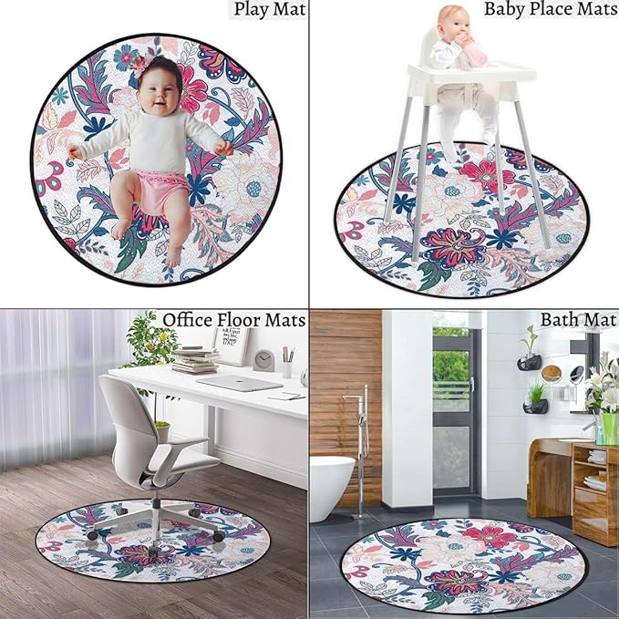 Multicolor Round Floor Mats for Office Chair Under Computer Desk Floor Protector for Rolling Chairs Non Slip Anti Scratches Vintage Style Ornamental Flower Motifs Diameter 47.2 in