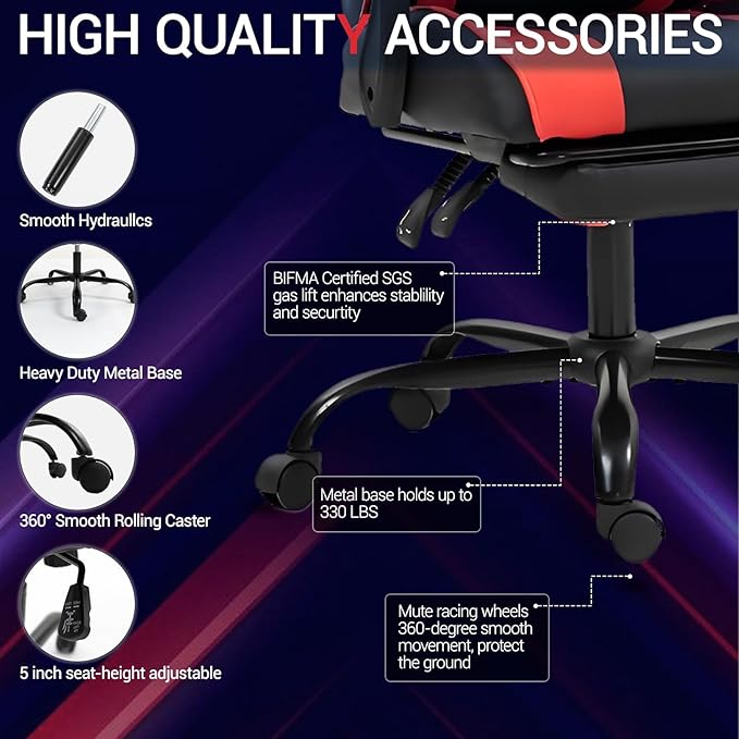 Gaming Chair with Footrest for Adults - PU Leather Video Game Chair w/Massage Lumbar Support for Men Women Ernogomic Computer Gamer Chair for Home Office Height Adjustable Red