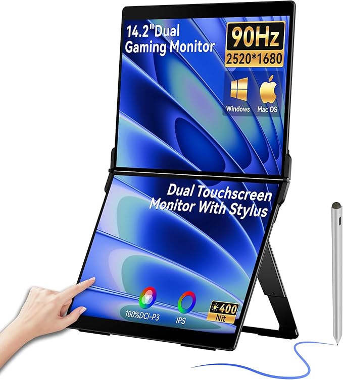 EHOMEWEI X2 Air 2.5K Portable Dual Touchscreen Monitor with Stylus Pen 90Hz 14.2“*2 IPS 2520 * 1680 400 Nit Brightness 100% sRGB for Office/Home/Travel for Mac/Laptop/Smartphone Extender Screen