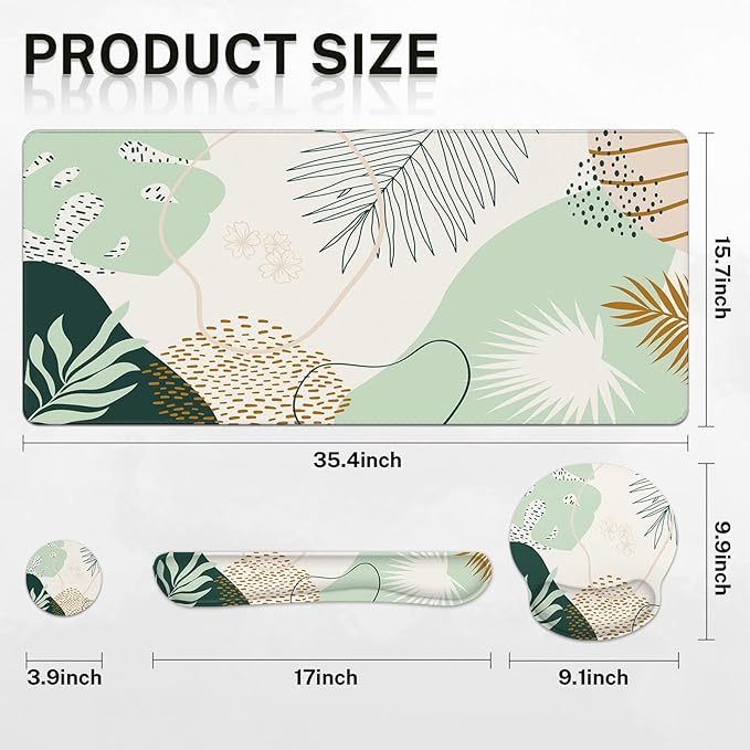 Britimes Green Boho Leaves Keyboard Mouse Pad Set 4in1 Large Mousepad+Keyboard Wrist Rest+Mouse Wrist Rest+Coaster Set with Ergonomic Design for Home Office Computer 35.4x15.7 inches