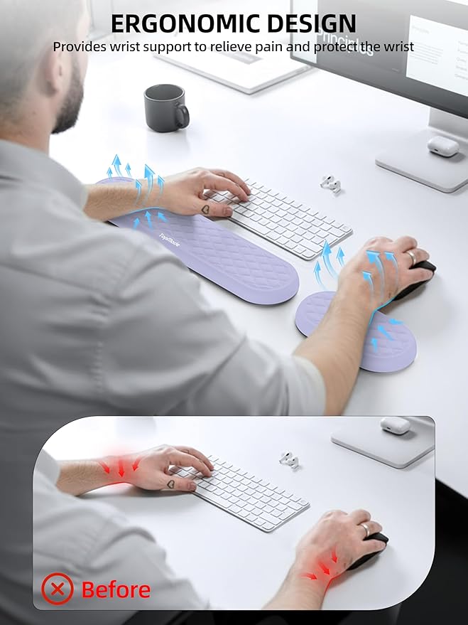 TopMade Upgraded Wider Wrist Rest Set Soft Memory Foam Keyboard Hand Rest Pad Computer Ergonomic Keyboard Mouse Wrist Support for Typing Pain Relief Comfort for Office Gaming Study Purple