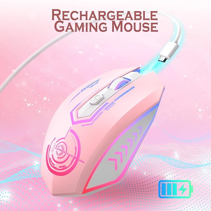 UHURU Gaming Mouse Wireless Gaming Mouse with 6 Buttons 7 Changeable LED Color up to 10000 DPI Rechargeable USB Gamer Mouse for PC Laptop (Pink)