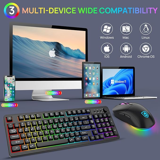 KOLMAX BT98 Wireless Keyboard and Mouse ComboTriple Mode 2.4G/Wired/Bluetooth Gaming Keyboard and MouseRechargeable Ergonomic RGB Backlit Light Up Keyboard Mouse with Knob for PC/Mac/Tablet