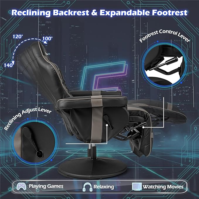 POWERSTONE Gaming Recliner Adjustable Massage Gaming Chair with Cup Holder Footrest Ergonomic Single Sofa Living Room Home Theater Seating with Side Pouch (Grey)