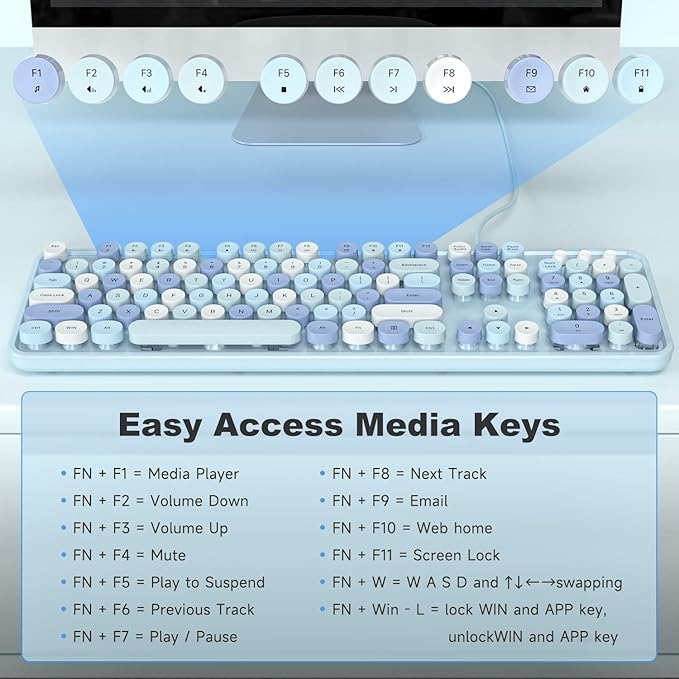 KNOWSQT Wired Computer Keyboard - Blue Colorful Retro Full Size Round Keycaps Plug and Play Typewriter Cute Keyboards for Windows Laptop PC Desktop Computer