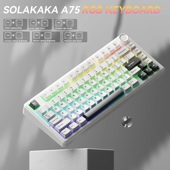 SOLAKAKA A75 75% Wireless Mechanical Keyboard Hot Swappable Gaming Keyboard with Multifunction Knob &amp RGB Gasket Mounted Creamy Keyboard PBT Keycaps Compact Layout for Win/Mac/PC